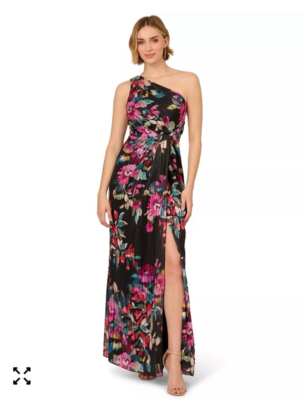 Adrianna Papell Black One-Shoulder Floral Maxi Dress